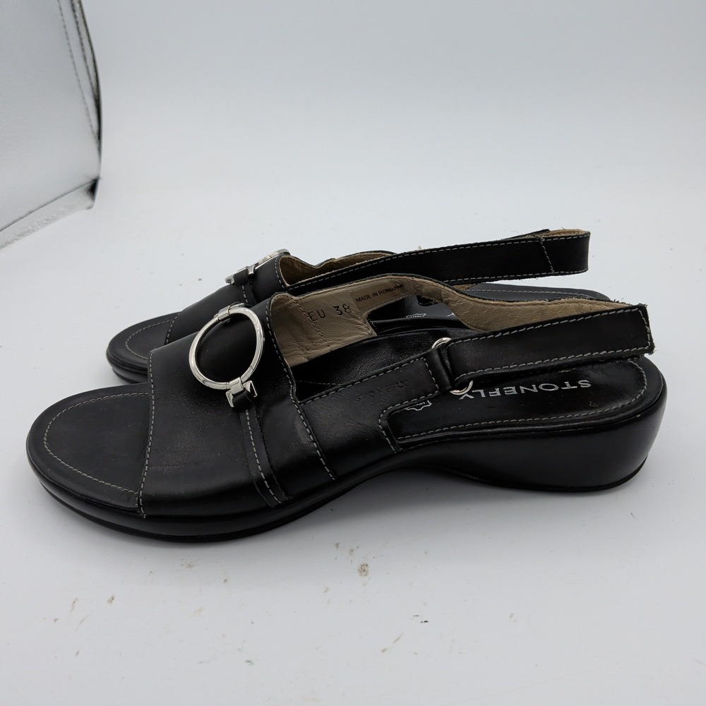 Stonefly Womens Black Leather Slingback Wedge Sandals Silver Ring EU 38 US 7.5-8 - Picture 2 of 8